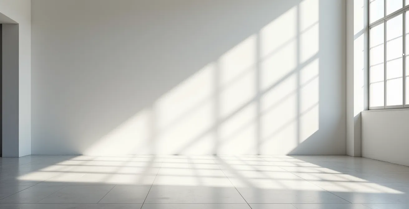 Espace événementiel minimaliste avec jeu de lumières architecturales