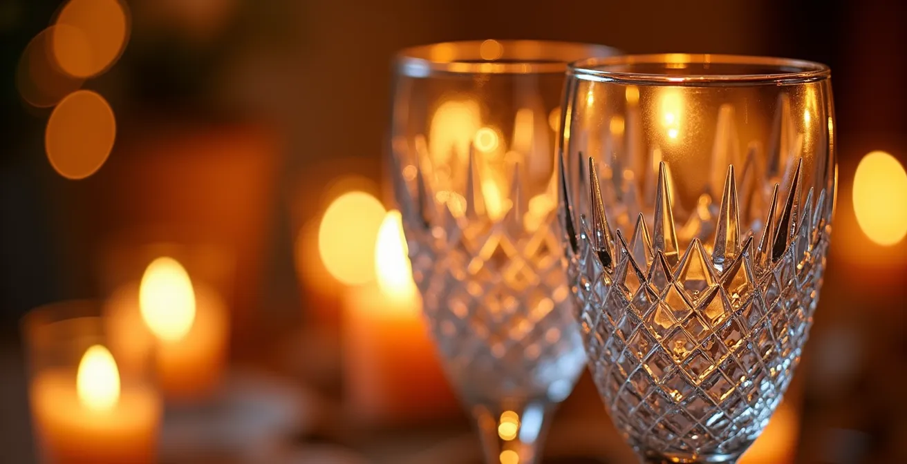 Axe Macro & Textural : Détail extrême de verres en cristal avec reflets dorés