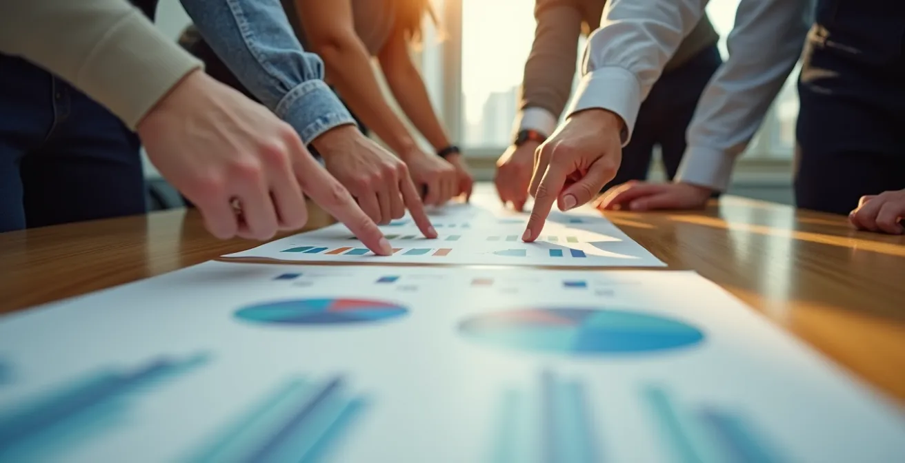 Mains professionnelles analysant des documents stratégiques sur une table en bois