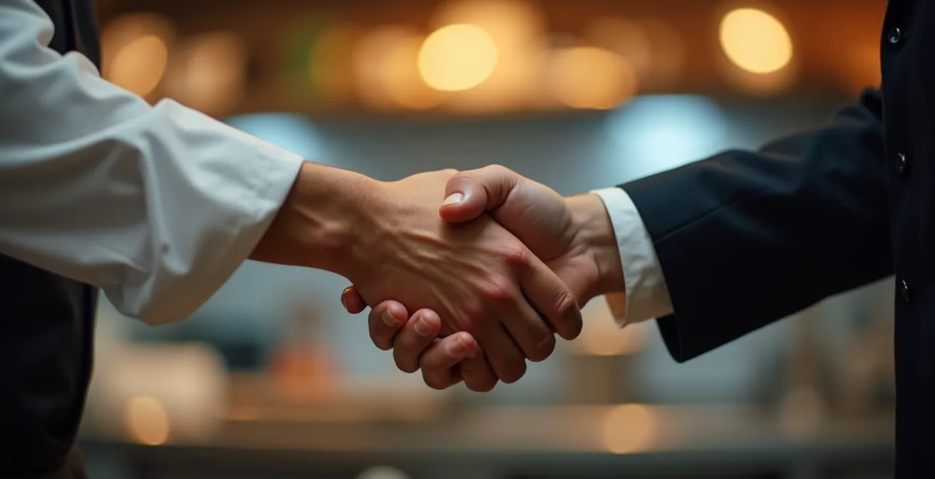Axe Humain & Émotionnel : Gros plan sur une poignée de main entre un chef et un client dans un restaurant étoilé