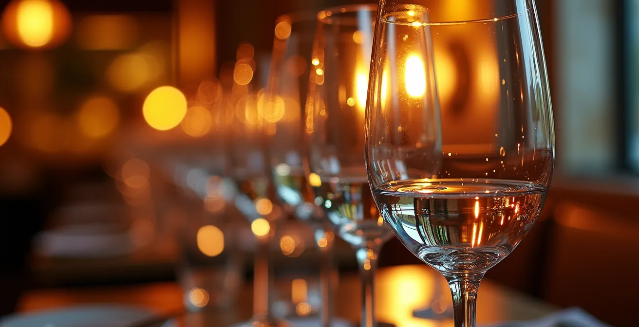 Détail macro de verres en cristal reflétant la lumière dorée